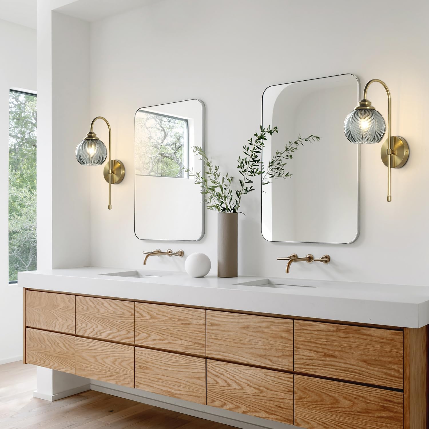 KCO Lighting Brushed Gold Wall Sconce Set of Two Vintage Smoked Glass Wall Lights Mid Century Bathroom Light Sconces Set of 2 Modern Globe Wall Sconce Long Arc Wall Light