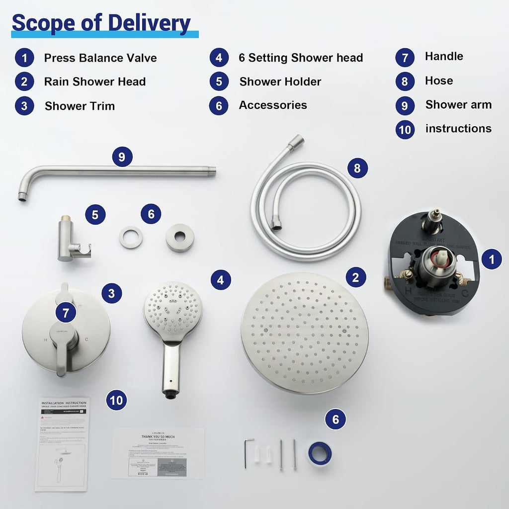 Brushed Nickel Shower Faucet Set with Valve 10 Inches Rainfall Shower Head Combo Set, Wall Mount Shower Fixtures Shower Head System with 6 Function Handheld