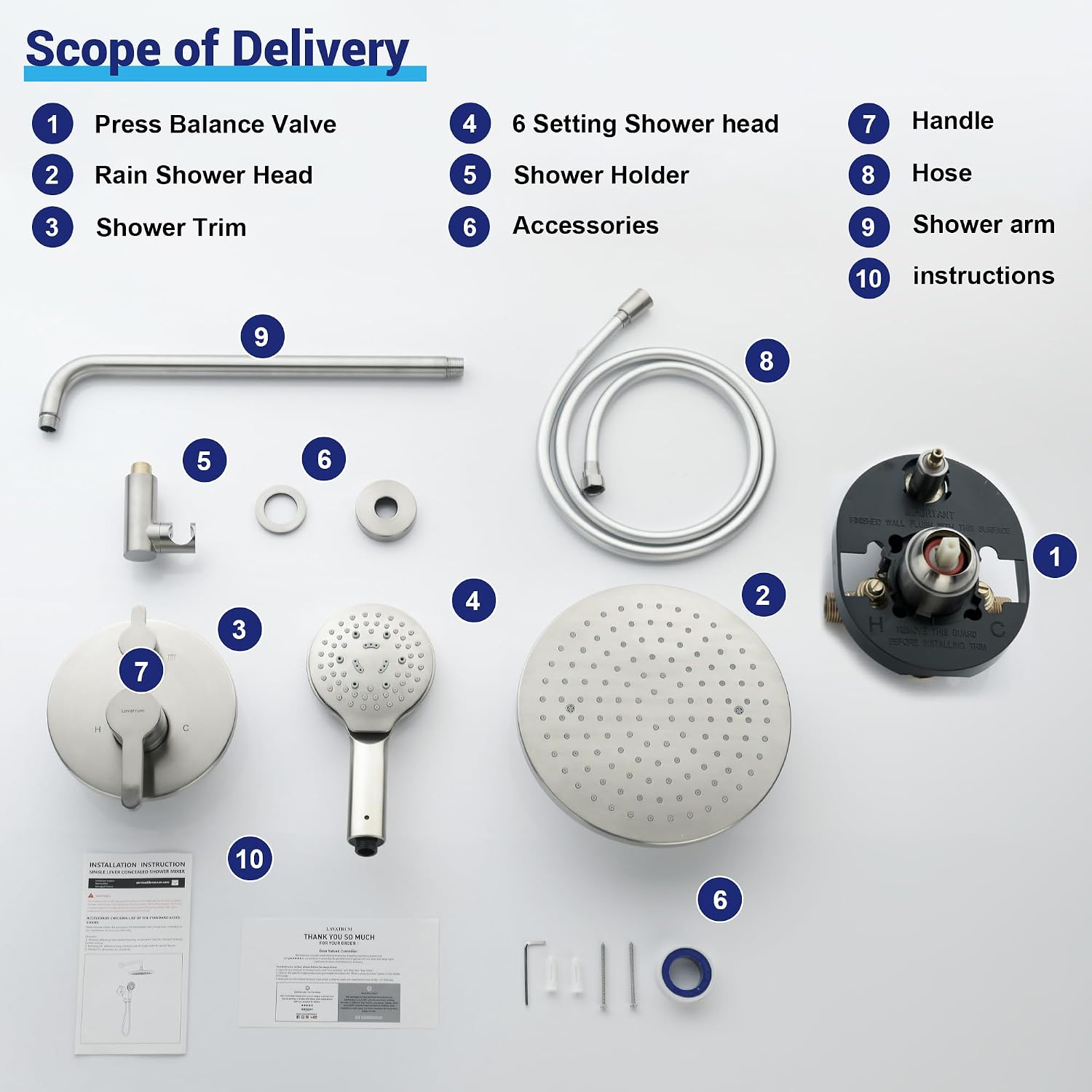 Brushed Nickel Shower Faucet Set with Valve 10 Inches Rainfall Shower Head Combo Set, Wall Mount Shower Fixtures Shower Head System with 6 Function Handheld
