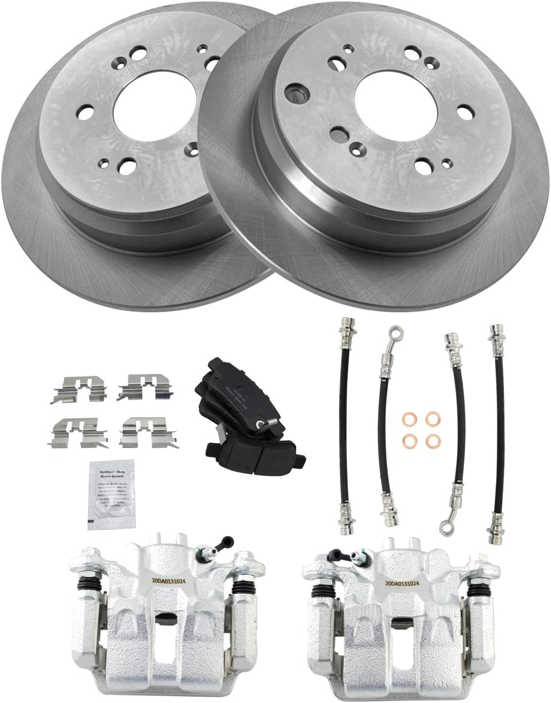 TRQ Rear Brake Pad and Rotor Set Ceramic Rotors Calipers Hoses Compatible with 2005-2006 Honda Odyssey
