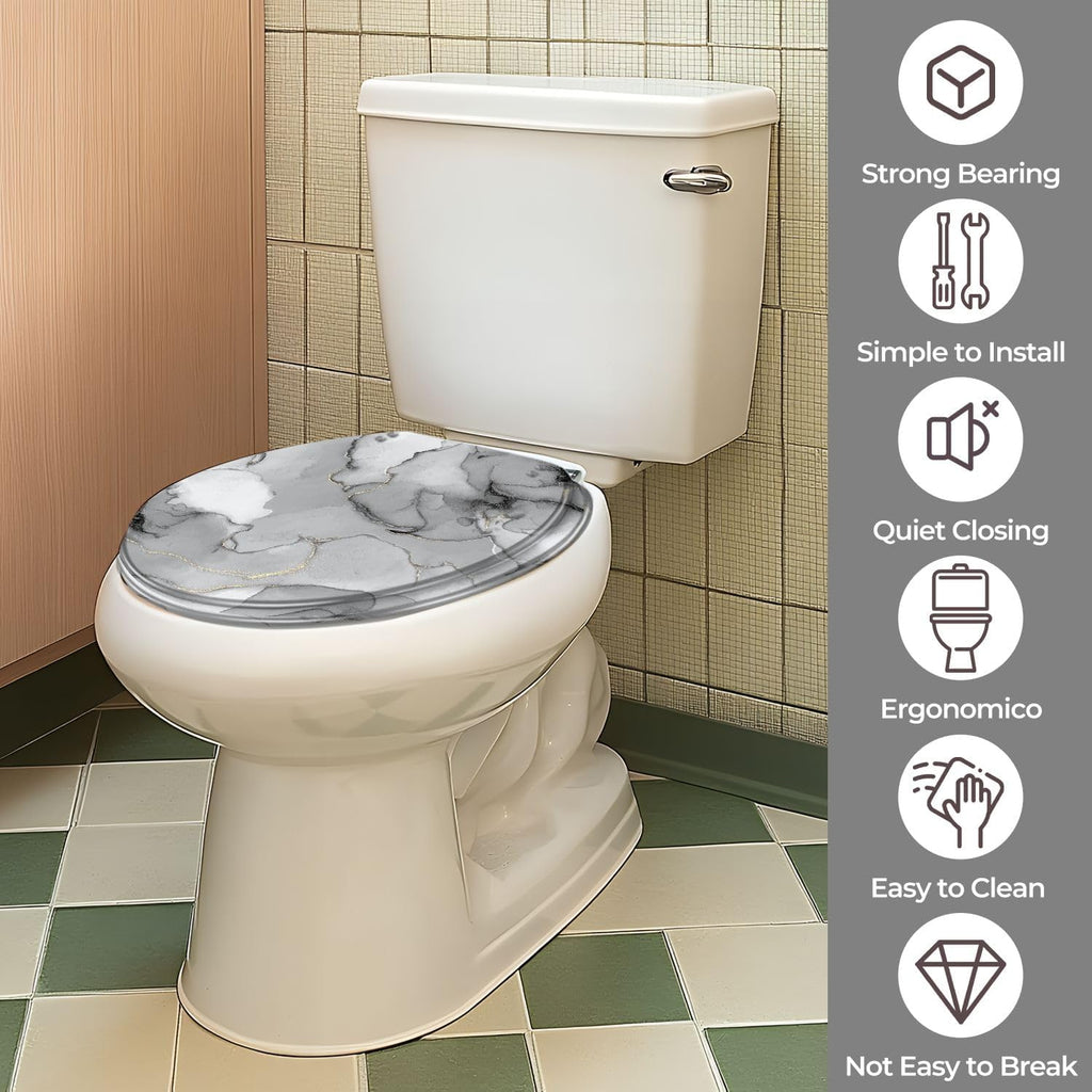 Round Toilet Seat Grey Marble Watercolor Stone Silver Alcohol Ink Gold Marble Resin Toilet Seat with Quietly Close Quick Release Hinges Decorative Toilet Seat with Cover Easy to Clean and Install