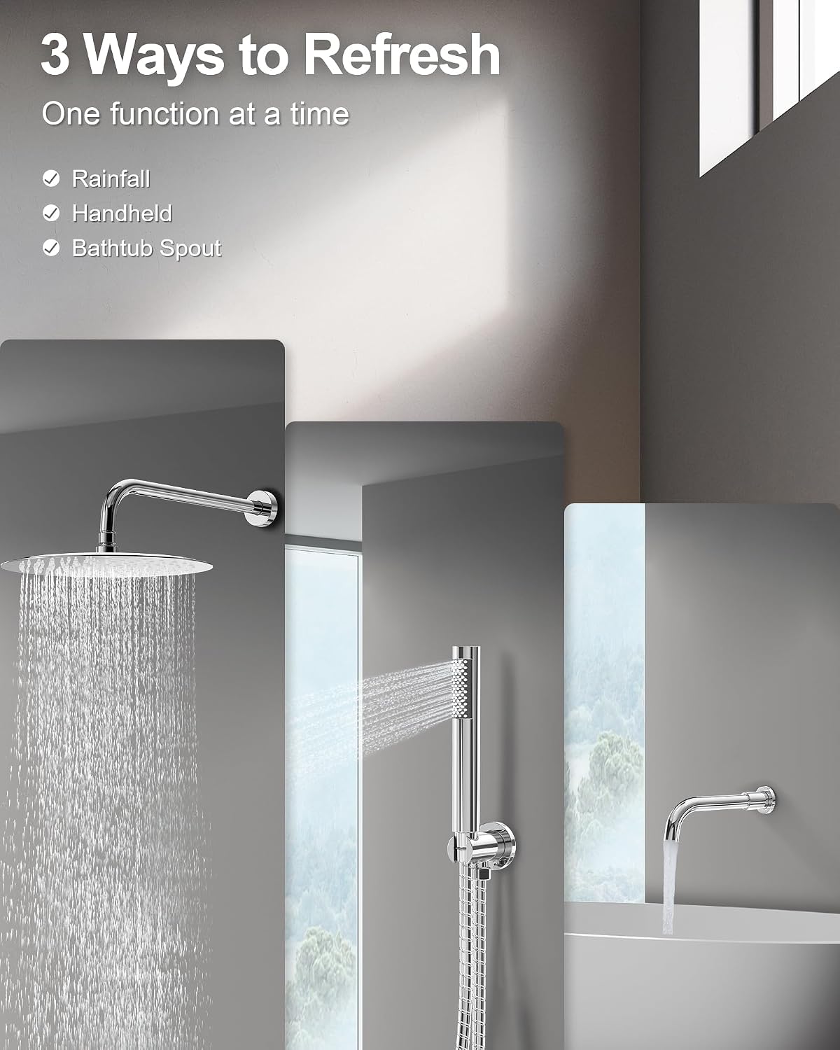 10 Inch Round Shower Faucet Set with Tub Spout, High Pressure Rainfall Shower Head and Handheld Sprayer Combo, Polished Chrome
