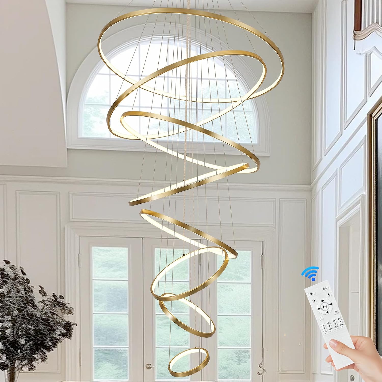 Modern LED Chandelier 8 Rings Dimmable Gold High Ceiling Chandelier Foyer, Large LED Contemporary Pendant Lighting for Staircase Entryway Living Room, D35in 3000K-6500K