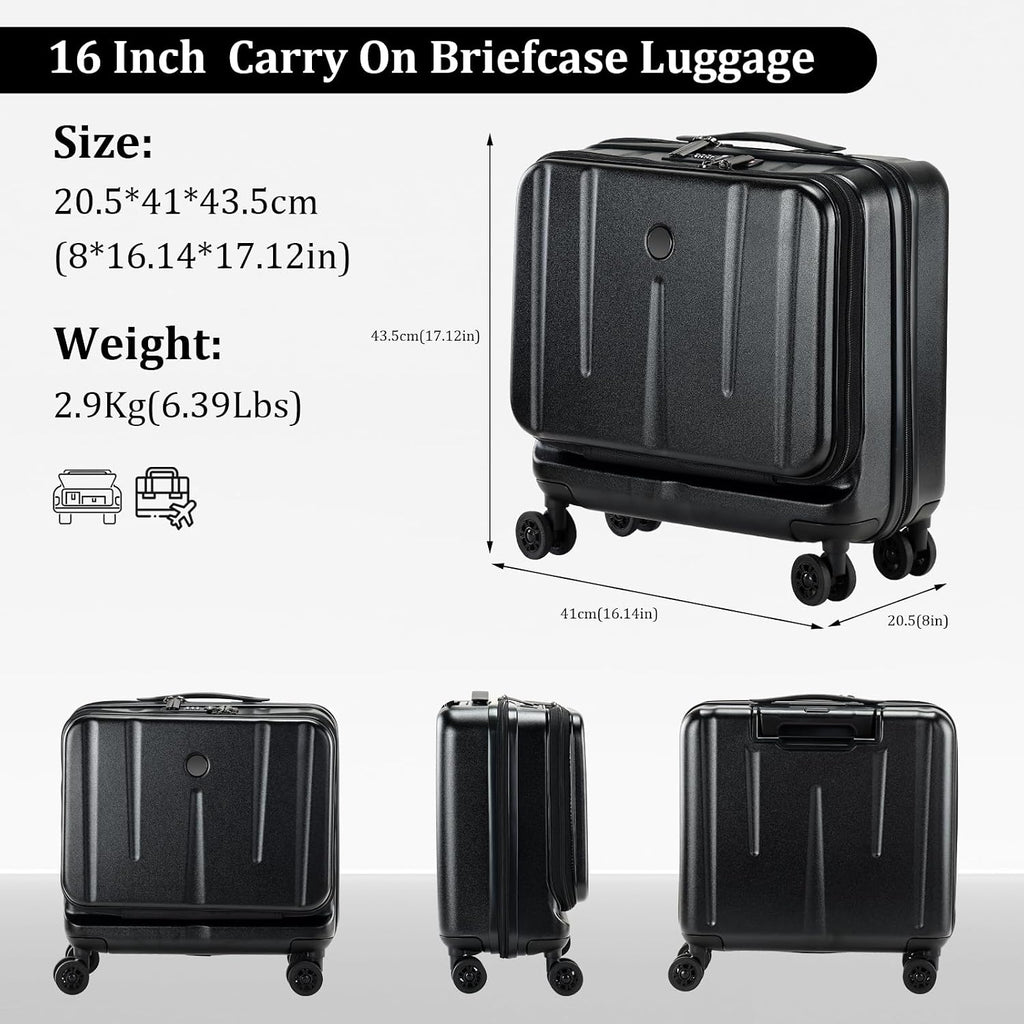 16 Inch Carry On Luggage with 2 Compartments for 14' & 15' Laptop, 16.14*8*17.12' Rolling Briefcase, Lightweight Hardshell ABS+PC Suitcase with Spinner Silent Wheels, for Business Trip, Black