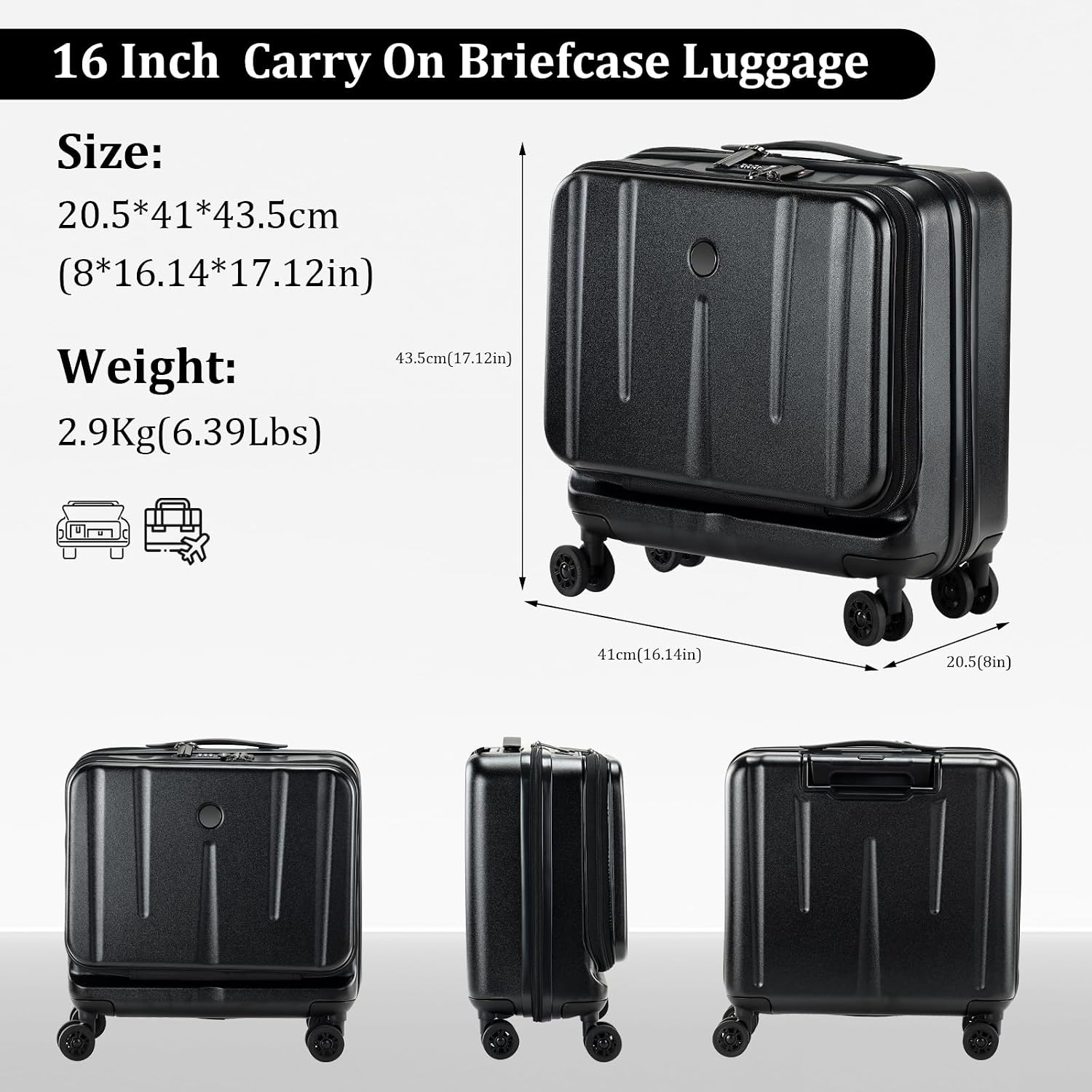 16 Inch Carry On Luggage with 2 Compartments for 14' & 15' Laptop, 16.14*8*17.12' Rolling Briefcase, Lightweight Hardshell ABS+PC Suitcase with Spinner Silent Wheels, for Business Trip, Black