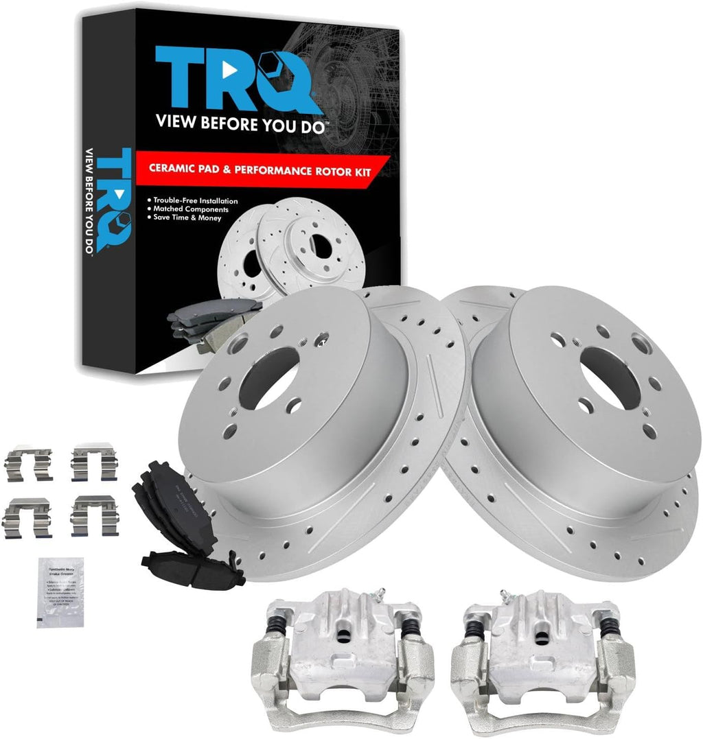 TRQ Performance Rear Brake Pad and Rotor Set Ceramic Drilled Slotted Solid Rotors Calipers Compatible with 2014-2018 Subaru Forester 2012-2019 Impreza 2013-2015 XV Crosstrek 2016-2019 Crosstrek