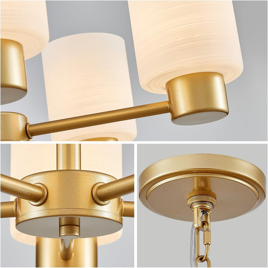 WUZUPS 5-Light Pendant Chandelier Light Frosted White Glass Shade with Grain Ceiling Lighting Elegant Modern Fixture Bathroom Kitchen Dining Room Entry Foyer, H 15.8' W21, E12 Base, Gold