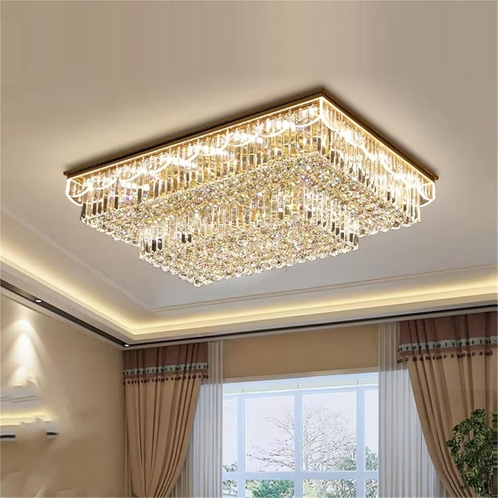 Rectangular Round K9 Crystal Silver Gold Dimmable LED Ceiling Chandelier Lamp Ceiling Lamp for Living Room,Dining Light Fixtures