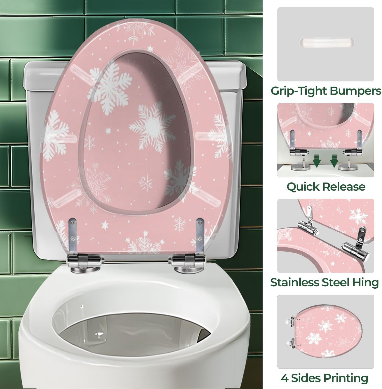 Elongated Toilet Seat Seamless winter cute pink snowflakes white snowflakes Resin Toilet Seat with Quietly Close Quick Release Hinges Decorative Toilet Seat with Cover Easy to Clean and Install