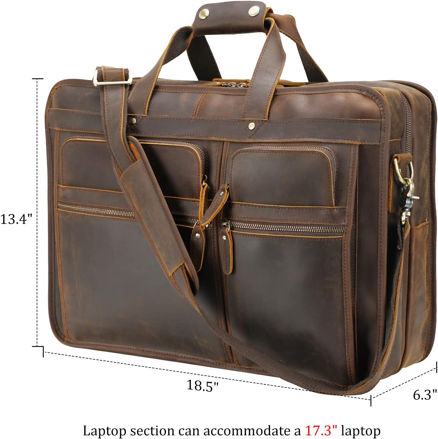 Polare 18.5' Full Grain Leather Laptop Briefcase Messenger Bag Tote For Men Large Fits 17.3' Laptop