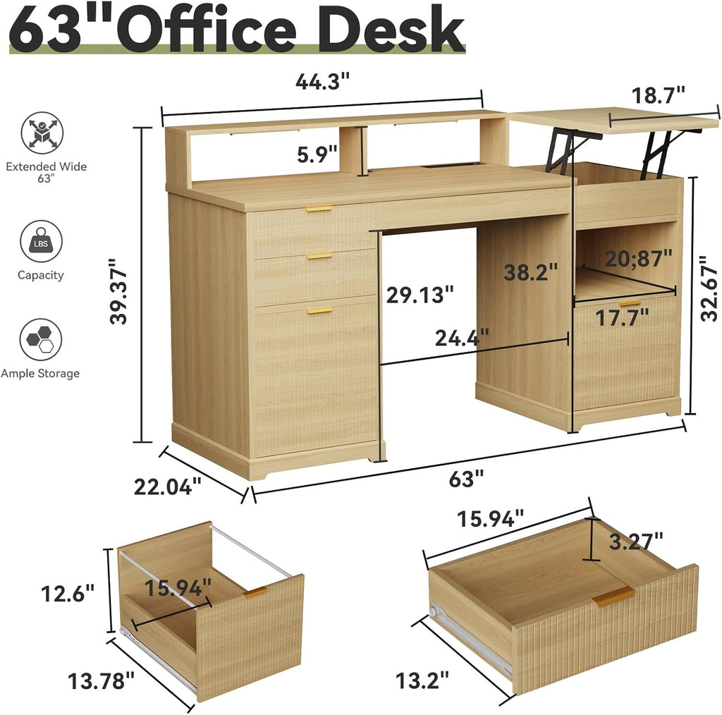 Fluted Desk with Drawers, 63' Home Office Executive Desk with Lift Top, Filing Cabinet, Gaming Desk Charging Station, Sensor Lights, Computer Table with Monitor Stand, Natural Wood