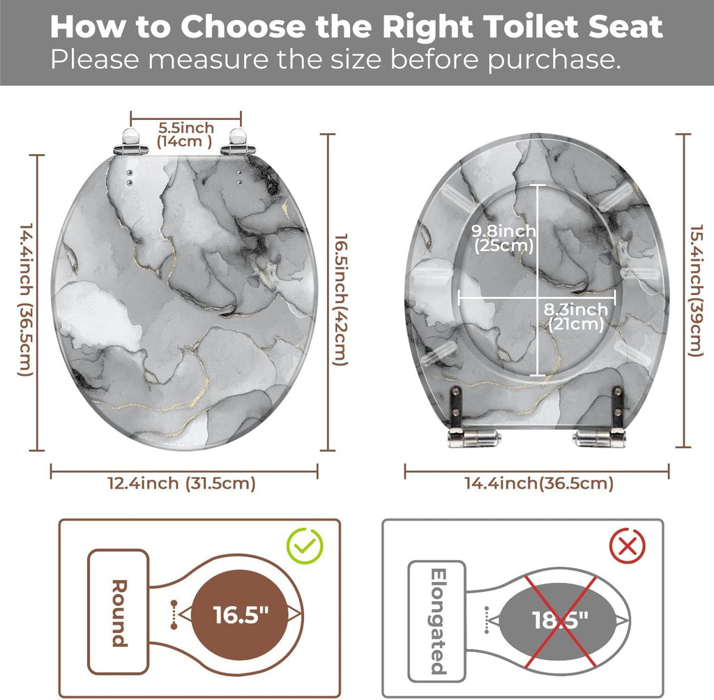 Round Toilet Seat Grey Marble Watercolor Stone Silver Alcohol Ink Gold Marble Resin Toilet Seat with Quietly Close Quick Release Hinges Decorative Toilet Seat with Cover Easy to Clean and Install