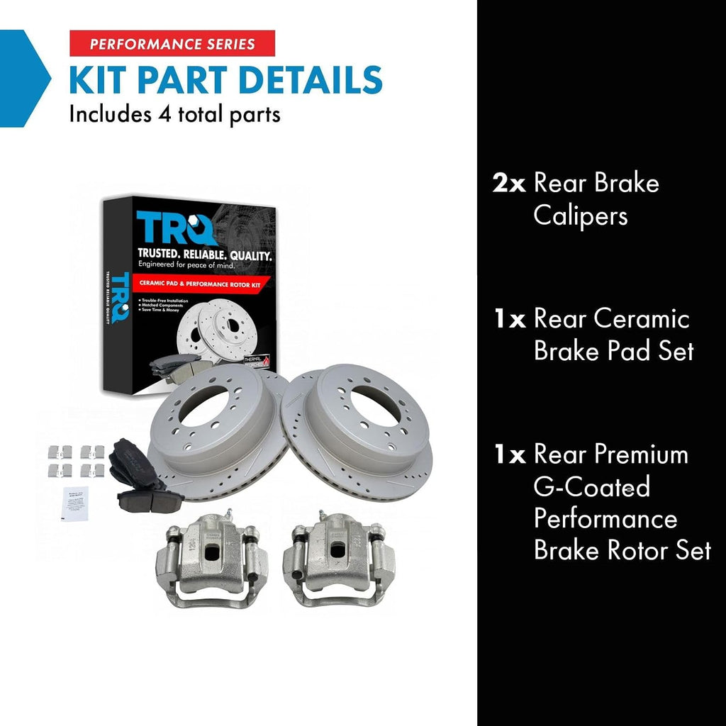 TRQ Performance Rear Brake Pad and Rotor Set Ceramic Drilled Slotted Coated Rotors Calipers Compatible with 2008-2015 Toyota Sequoia 2007-2015 Tundra