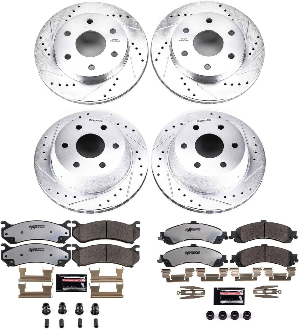PowerStop Front & Rear Brake Kit For Chevrolet Avalanche 1500 2002-06 |Silverado 1500 2001-05 |GMC Yukon 2000-06 -Truck & Tow Carbon Fiber Ceramic Brake Pads+Drilled & Slotted Rotors Upgrade K2015-36