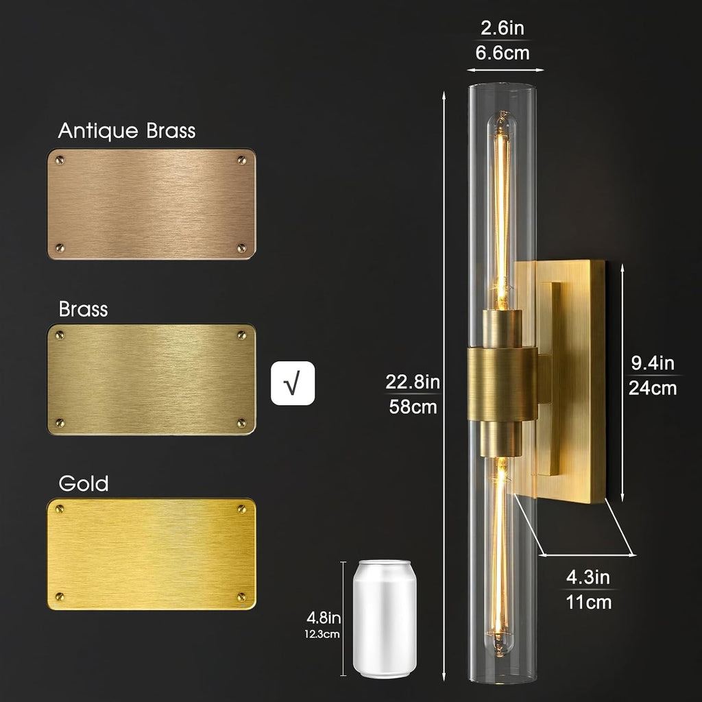 22.8' Brass Wall Sconces Set of 2, Modern Luxury 2-Light Bathroom Vanity Lights with Glass Tube Shade, Dimmable Hardwired Gold Wall Sconce for Bathroom Mirror, Living Room, Hallway (Bulbs Included)