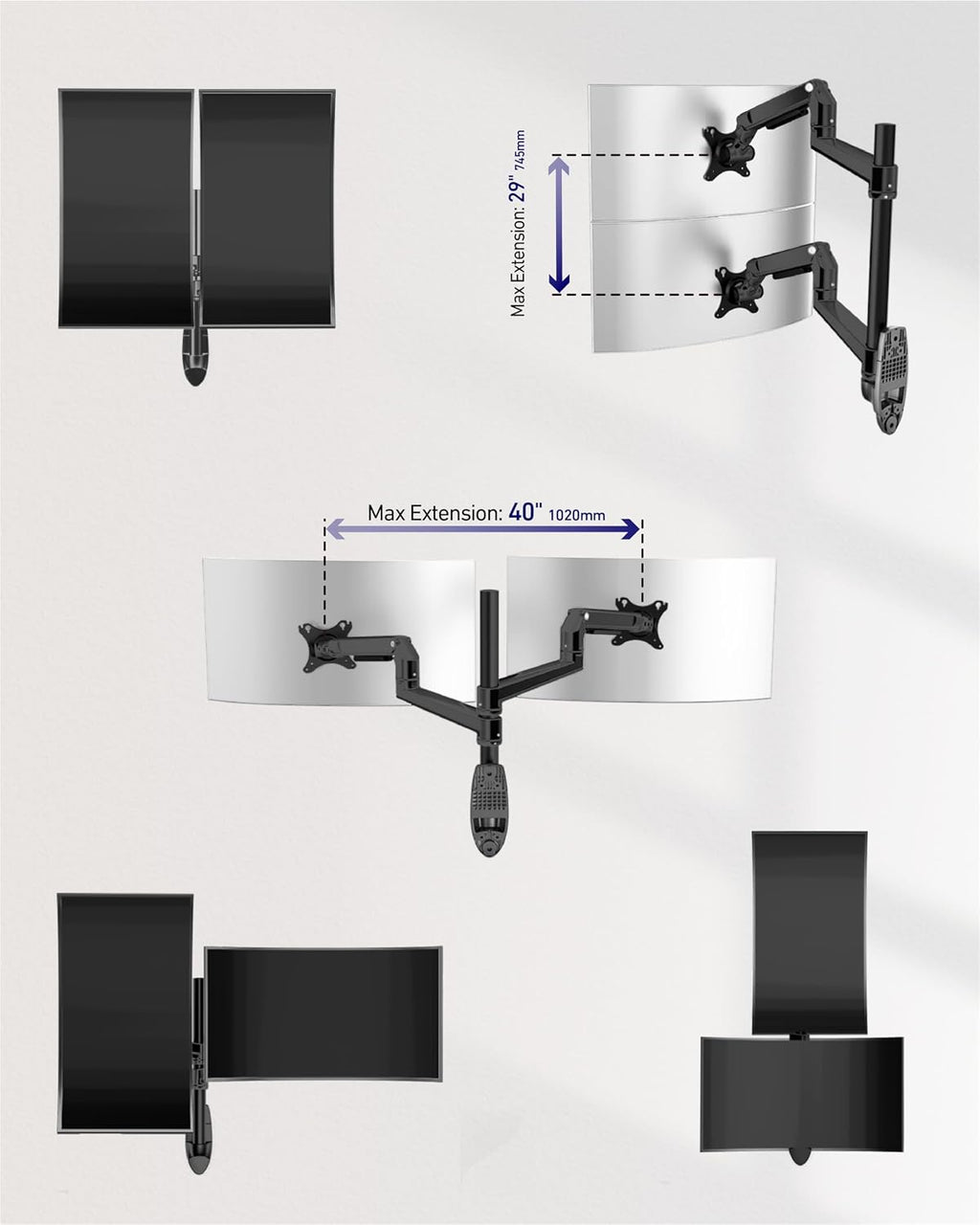 Ergounion Dual Monitor Wall Mount for Flat or Curved Screens up to 38' Within 25 lbs, Adjustable Monitor Arm with Cable Management, VESA 75x75/100x100mm Monitor Mount for 2 Monitors, Black