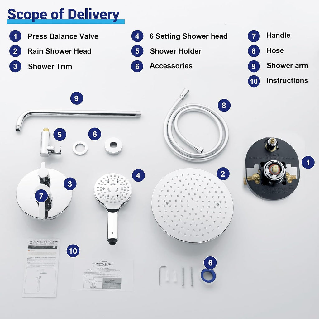 Bathroom Shower Faucet Set Wall Mounted Rainfall Shower System 10 Inches High Pressure Shower Head and Multifunctional Shower Handheld, Included Rough-in Valve and Trim Kit Polished Chrome