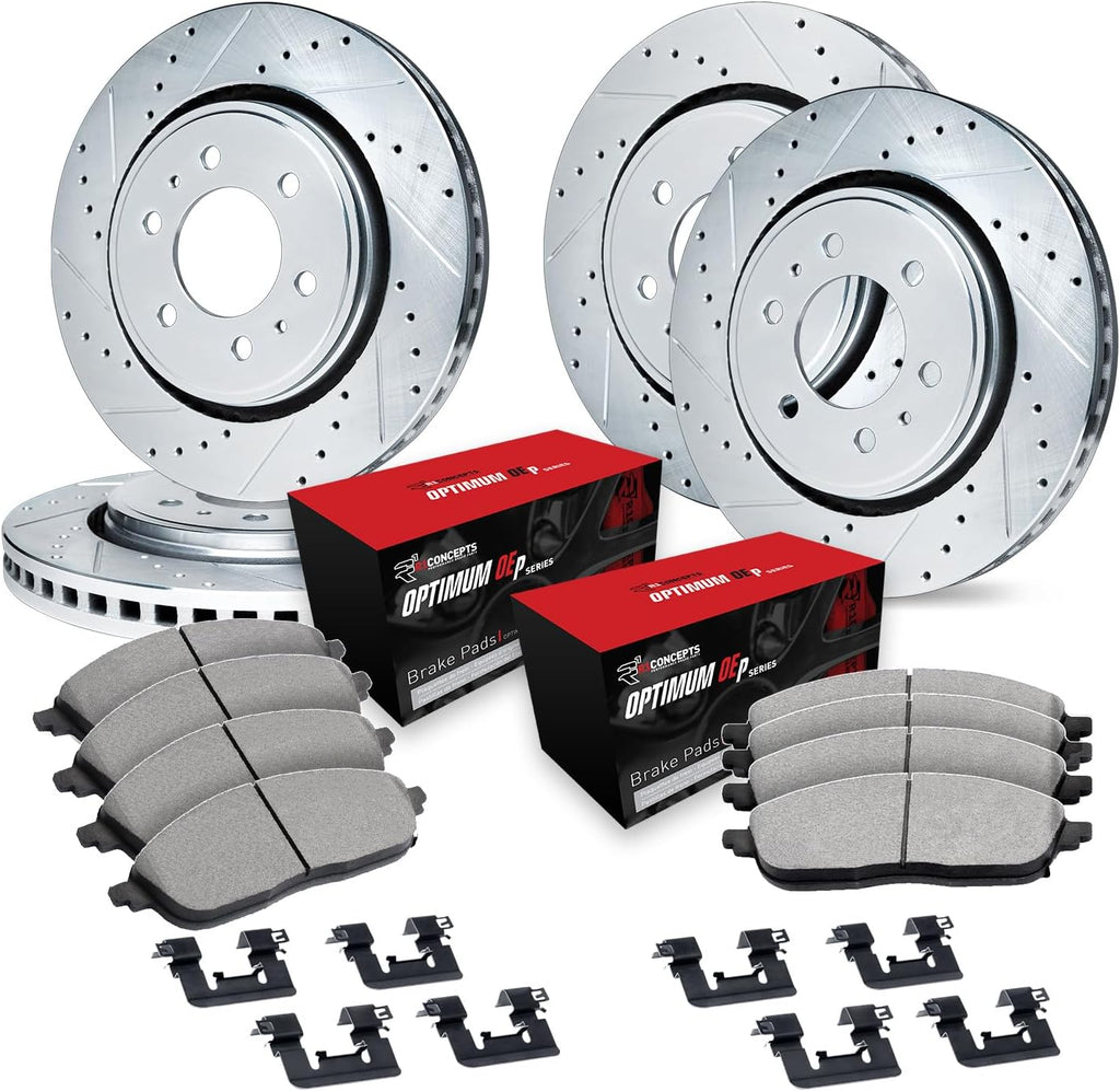 R1 Concepts Front and Rear Brake Kit Fits 2011-2013 INFINITI QX56; 2014-2024 INFINITI QX80; 2017-2024 Nissan Armada| Optimum Oep Pads, Drilled Slotted Rotors| Hardware| 13.8' Front & 13.8' Rear