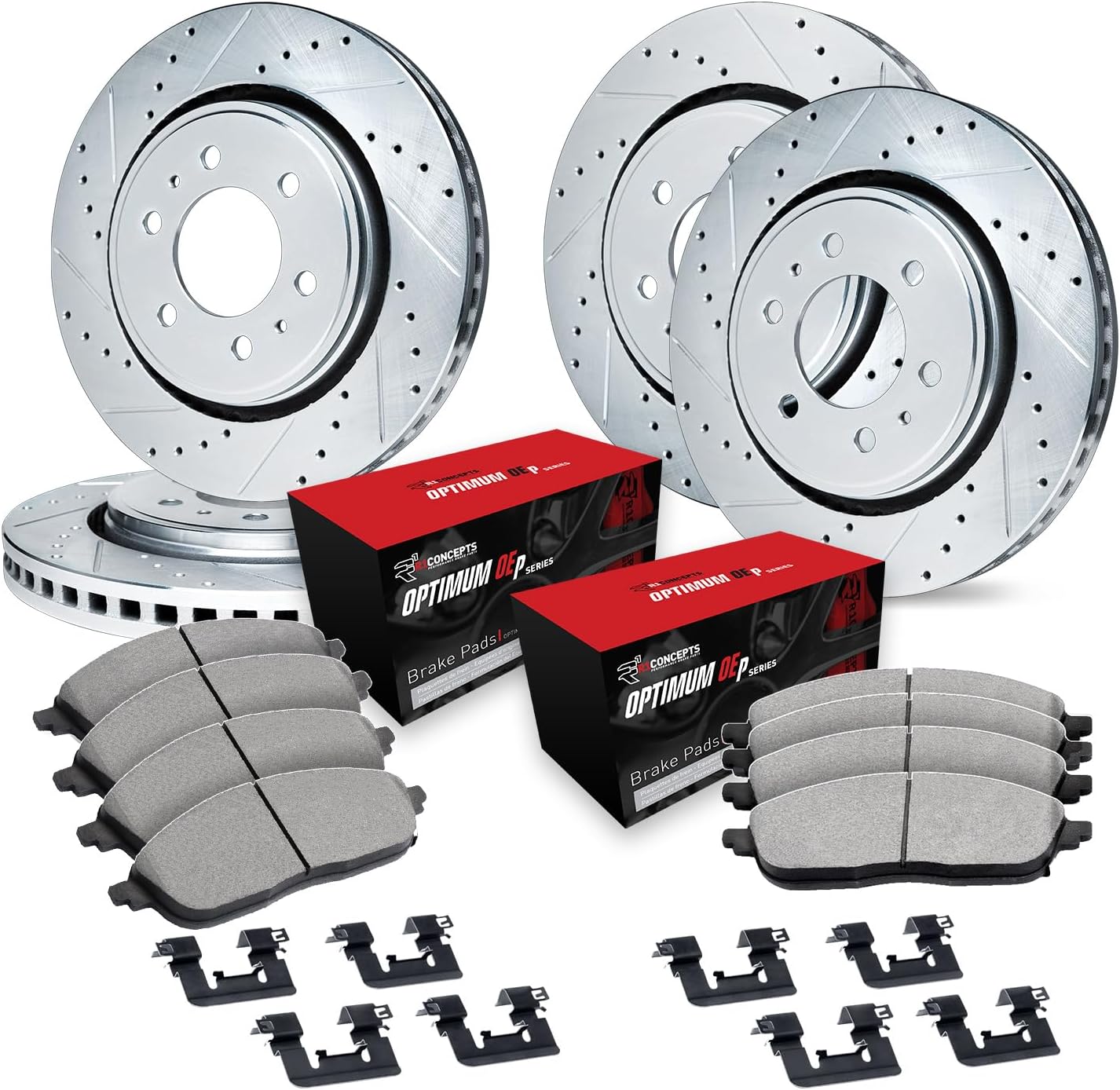 R1 Concepts Front and Rear Brake Kit Fits 2011-2013 INFINITI QX56; 2014-2024 INFINITI QX80; 2017-2024 Nissan Armada| Optimum Oep Pads, Drilled Slotted Rotors| Hardware| 13.8' Front & 13.8' Rear