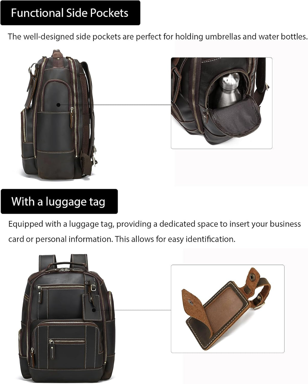 LANNSYNE Vintage Genuine Leather Backpack for men, 15.6' Laptop Backpack Travel Camping 24L Rucksack