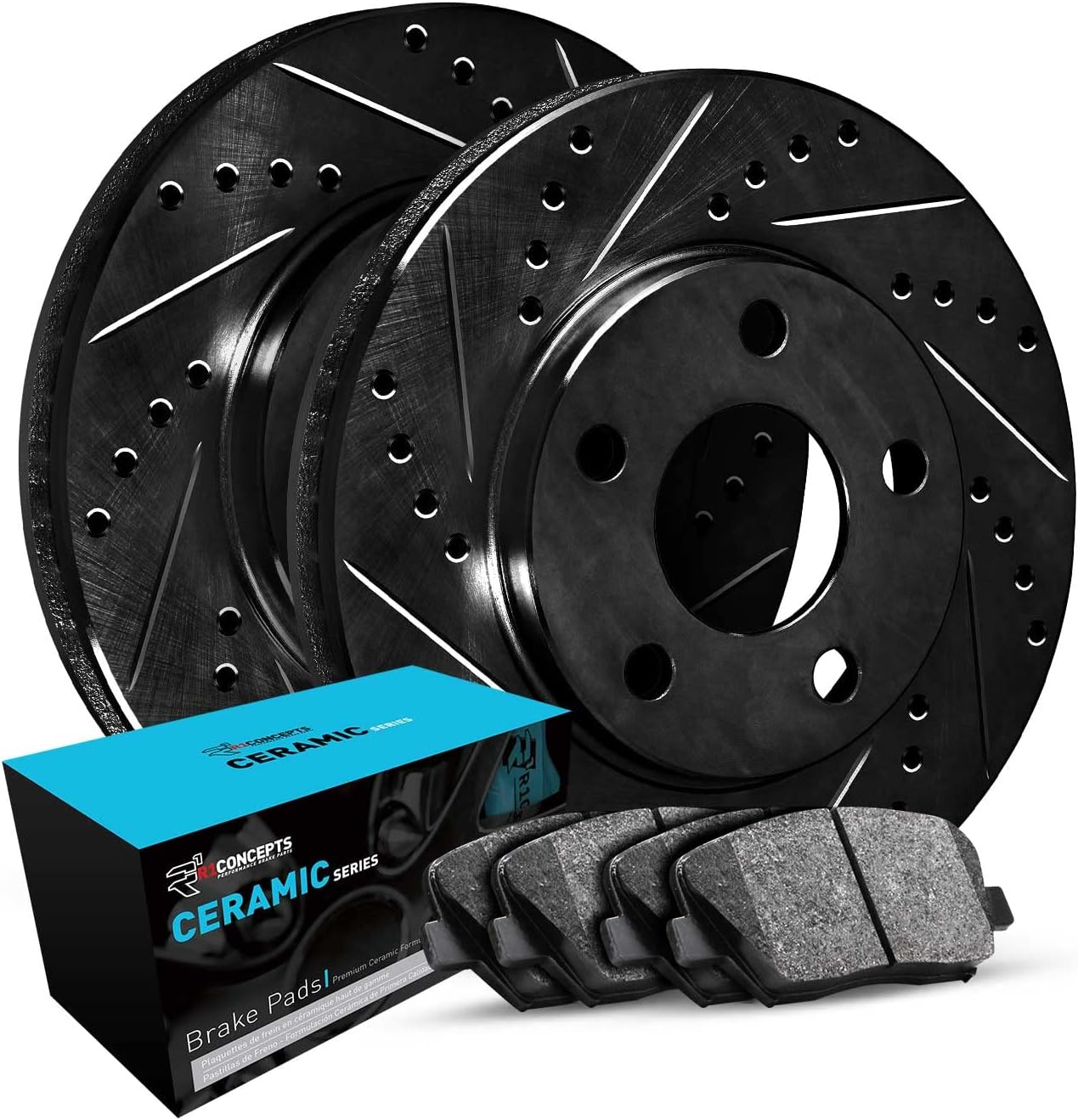 R1 Concepts Rear Brake Kit Fits 2015-2021 Volkswagen Golf; 2015-2018 Volkswagen GTI; 2015-2022 Volkswagen Passat| Ceramic Brake Pads and Drilled Slotted Brake Rotors| 10.7' Rear