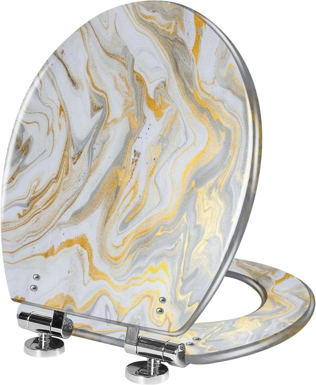 Elongated Toilet Seat marble ink paper texture white silver gold Resin Toilet Seat Quietly Close Quick Release Hinges Decorative Toilet Seat with Cover Easy to Install, Style 2