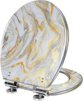 Elongated Toilet Seat marble ink paper texture white silver gold Resin Toilet Seat Quietly Close Quick Release Hinges Decorative Toilet Seat with Cover Easy to Install, Style 2