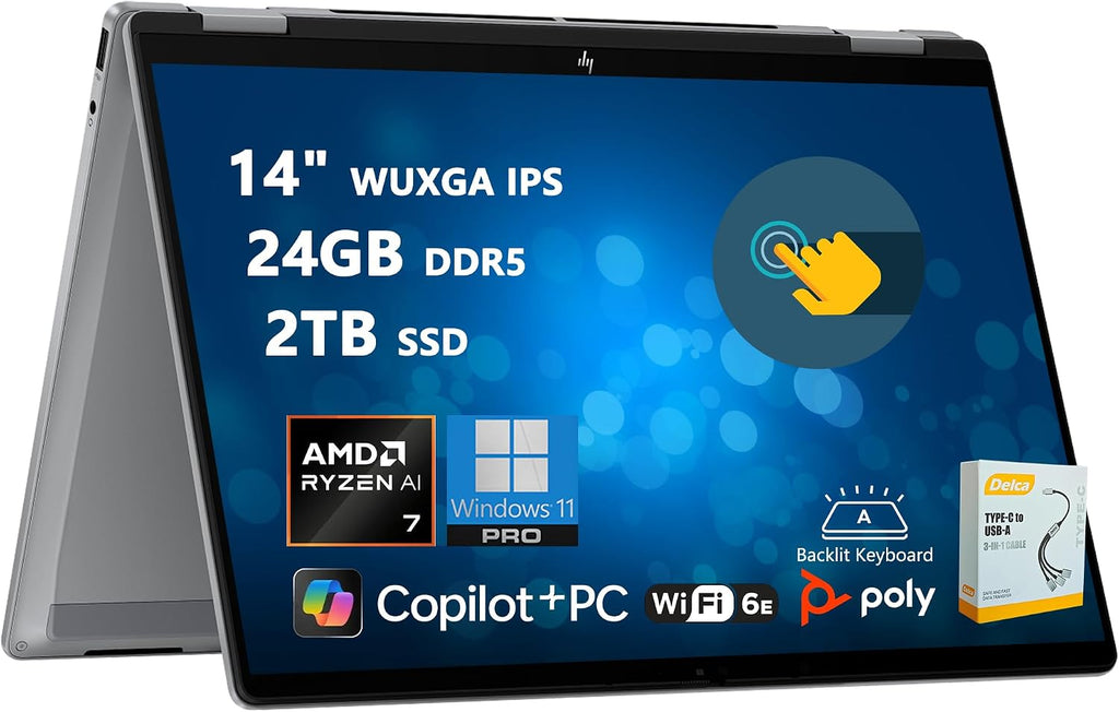 HP OmniBook X Flip 2-in-1 Laptop | 14' WUXGA IPS Touch | AMD Ryzen AI 7 350 (Up to 50 NPU Tops) | 24GB DDR5 2TB SSD | AI PC for Creator Business Professional Win11 Pro w/DLCA Accessory