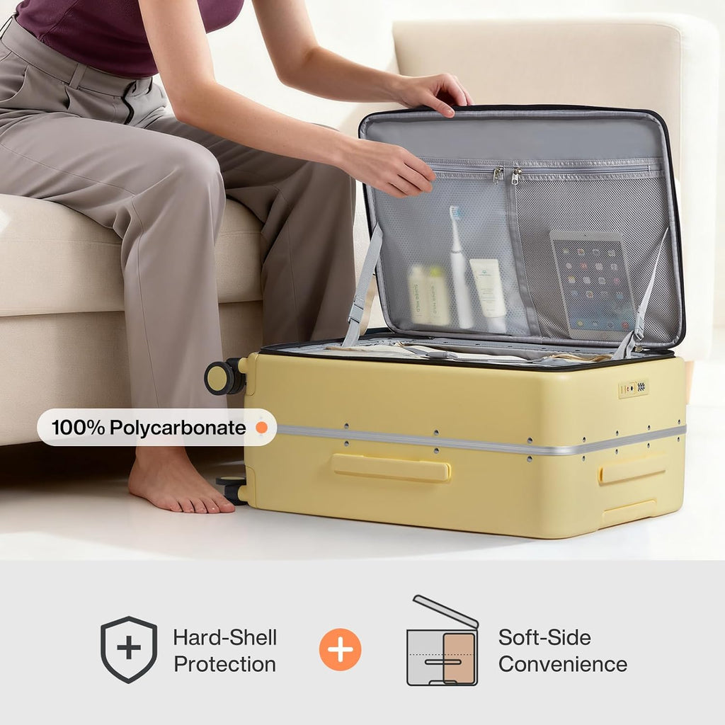 mixi 26 Inch Large Checked Luggage PC Hard Shell Suitcase Top Opening Aluminum Frame Travel Suitcases with Wheels, Lark Yellow