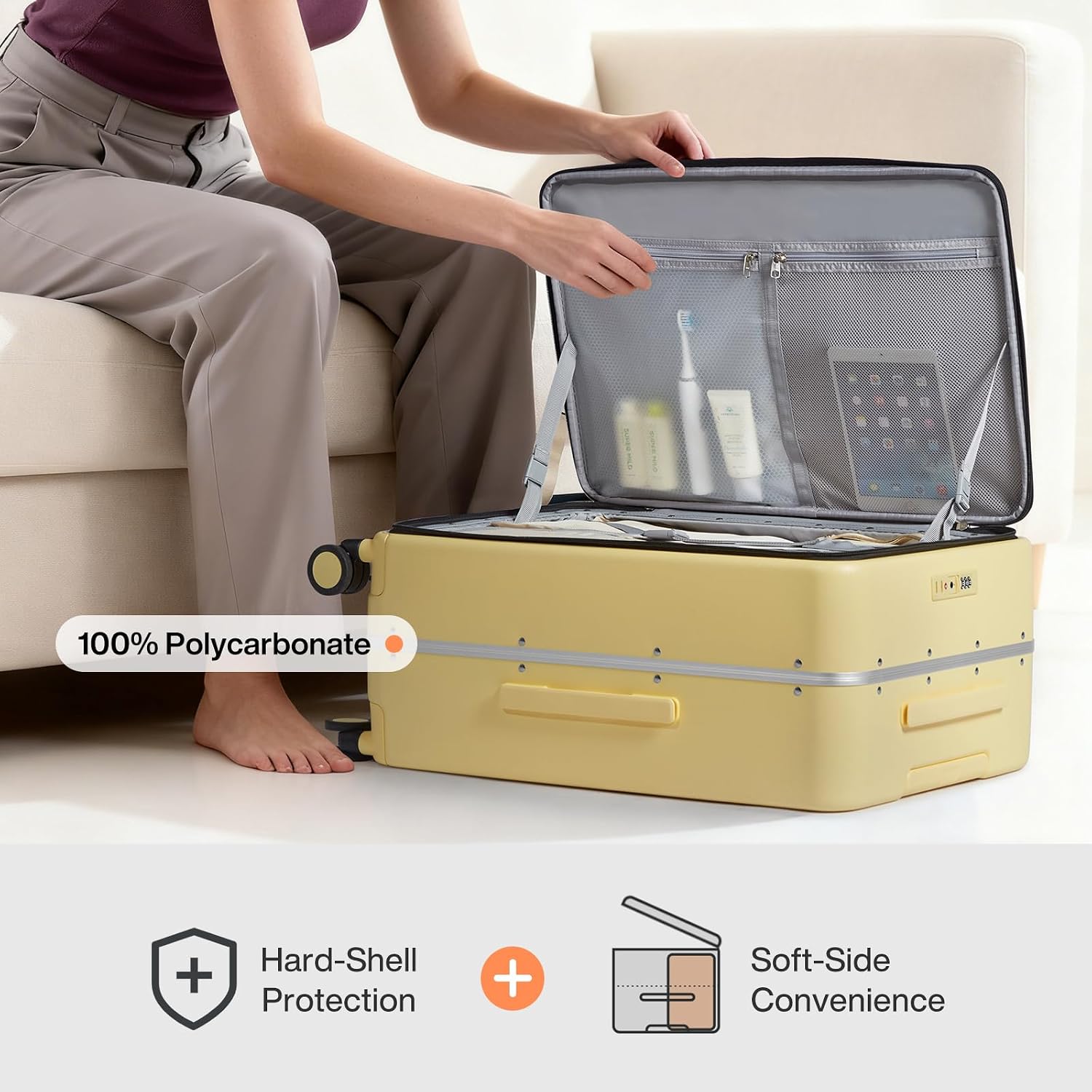mixi 20 Inch Carry On Luggage 22x14x9 Airline Approved PC Hard Shell Suitcase Top Opening Aluminum Frame Travel Suitcases with Wheels, Lark Yellow