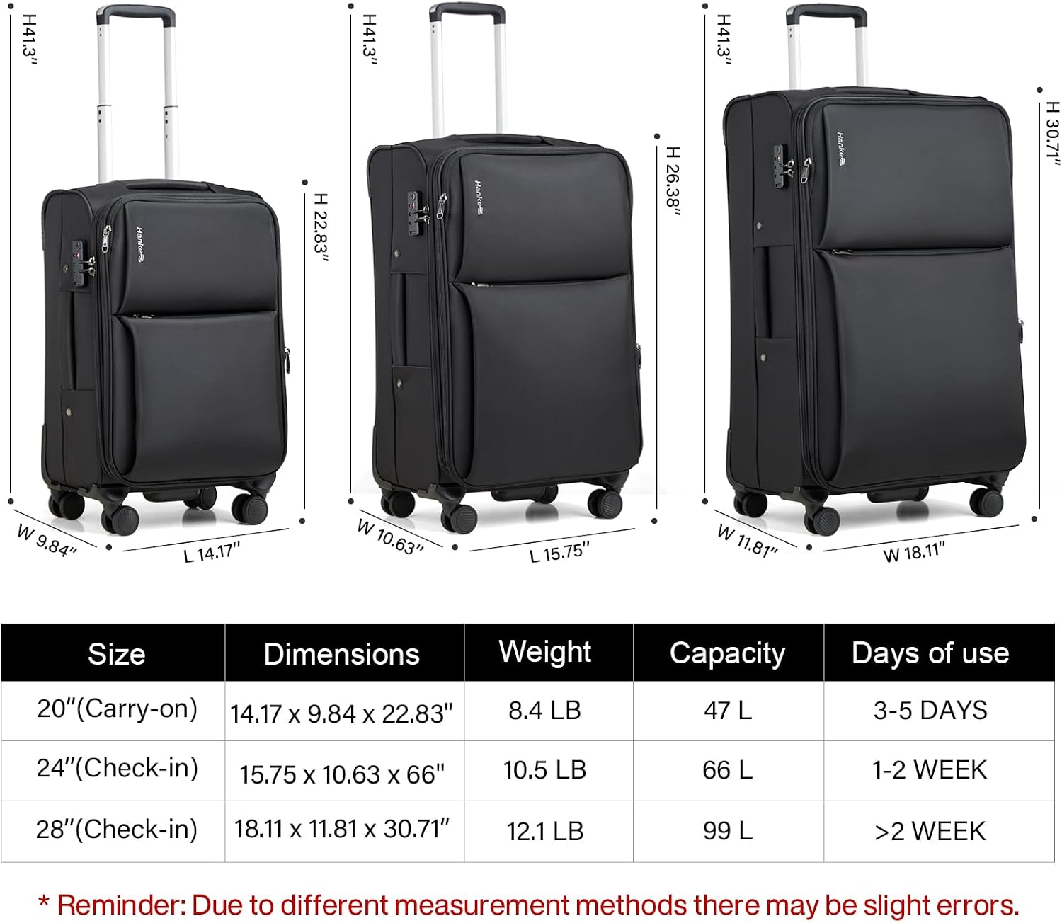 Hanke 24 Inch Luggage Expandable Softside Checked Suitcases with Spinner Wheels, Upright Rolling Luggage Suitcases Travel TSA Luggage Bag for Women Men(Black)