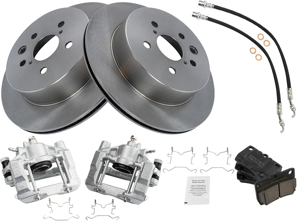 TRQ Rear Brake Pad and Rotor Set Ceramic Rotors Calipers Hoses Compatible with 2010-2013 Lexus IS250
