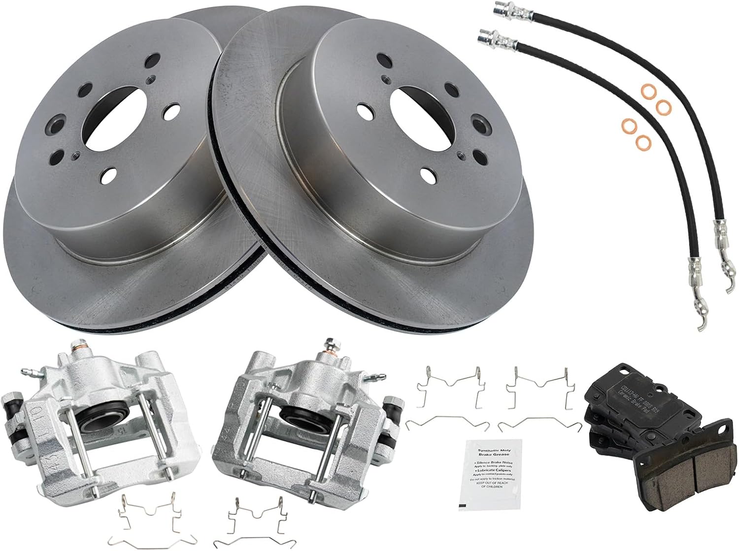 TRQ Rear Brake Pad and Rotor Set Ceramic Rotors Calipers Hoses Compatible with 2010-2013 Lexus IS250
