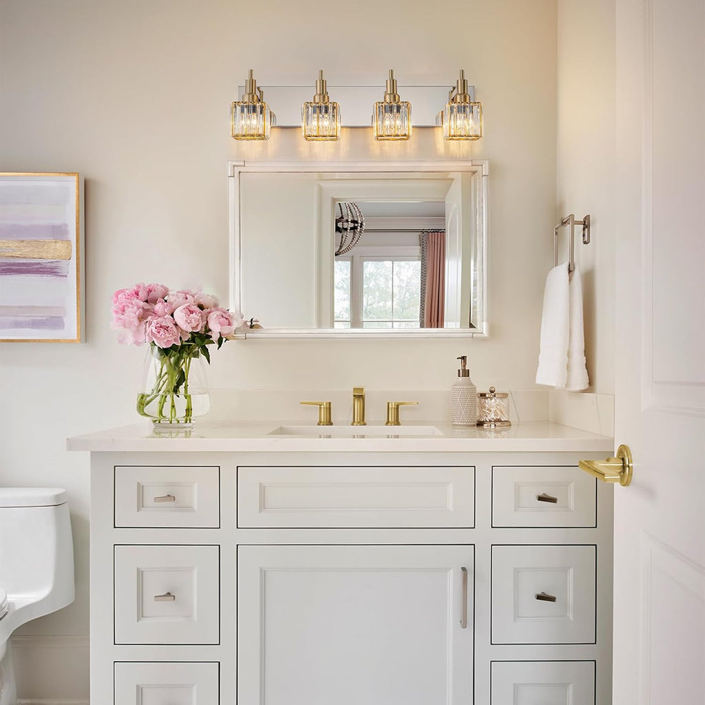 Crystal Bathroom Light Gold Chrome 4-Light Modern Bathroom Vanity Fixtures Over Mirror Square Crystal Wall Sconce