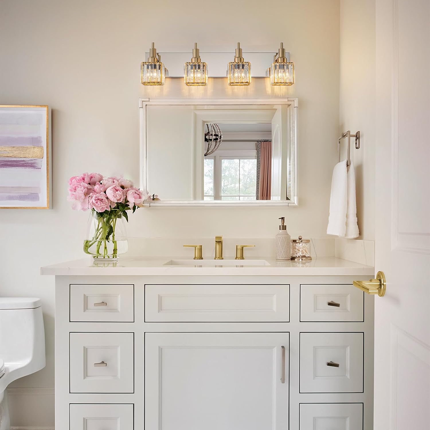 Crystal Bathroom Light Gold Chrome 4-Light Modern Bathroom Vanity Fixtures Over Mirror Square Crystal Wall Sconce