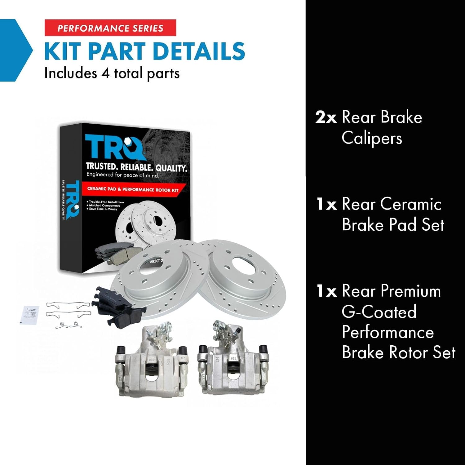 TRQ Performance Rear Brake Pad and Rotor Set Ceramic Solid G Coated Rotors Calipers Compatible with 2012-2018 Ford Focus