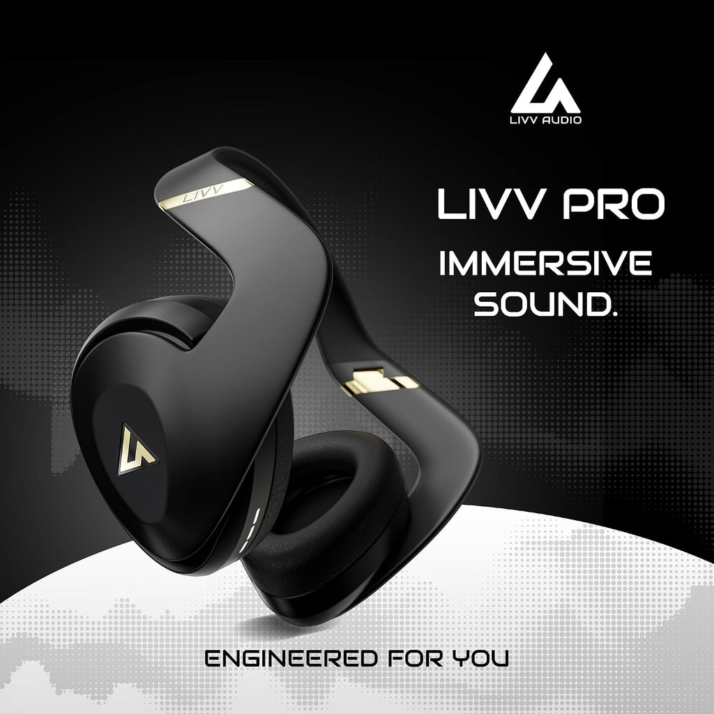LIVV PRO Sports Headphones Designed for Gym, Workout, Running - Comfortable, Ergonomic, Over Ear, Active Noise Cancelling, 5 Microphones, Wireless, 50 Hours Battery Life, Bluetooth 5.3, Matte Black