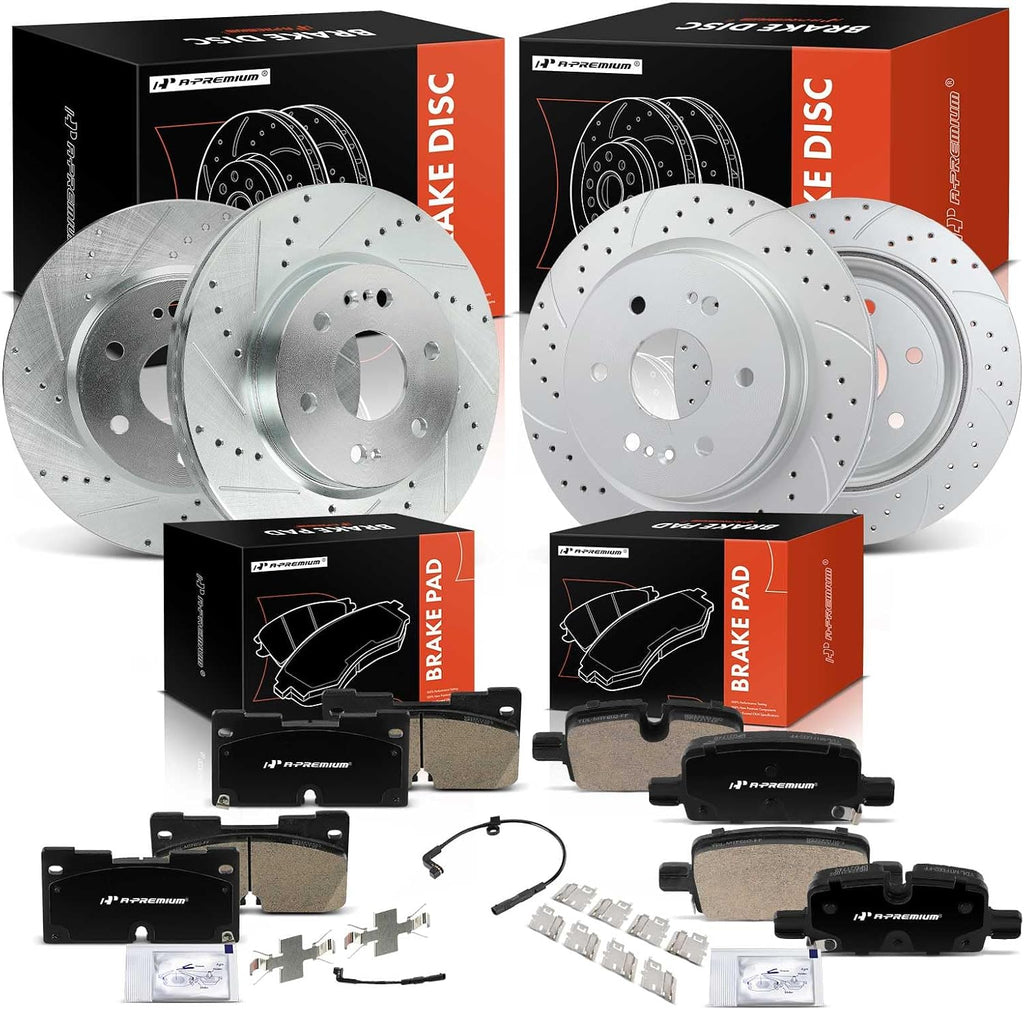 A-Premium Front and Rear Drilled and Slotted Disc Brake Rotors + Ceramic Pads Kit Compatible with Select Chevy, GMC & Cadillac Models - Silverado 1500, Tahoe, Sierra 1500, Yukon, Escalade, 12-PC Set