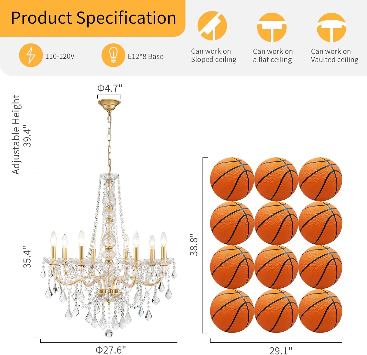 WUZUPS 8-Light Crystal Candle Chandelier Pendant Ceiling Light Modern Lighting Fixture for Bedroom Hallway Bar Kitchen Bathroom, H 35.4' W 27.6', E12 Base, Gold