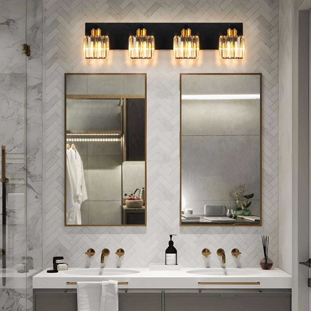Crystal Black Gold Bathroom Vanity Light, 4-Lights Bathroom Lighting Fixtures Over Mirror Modern Crystal Wall Lighting with Square Shade