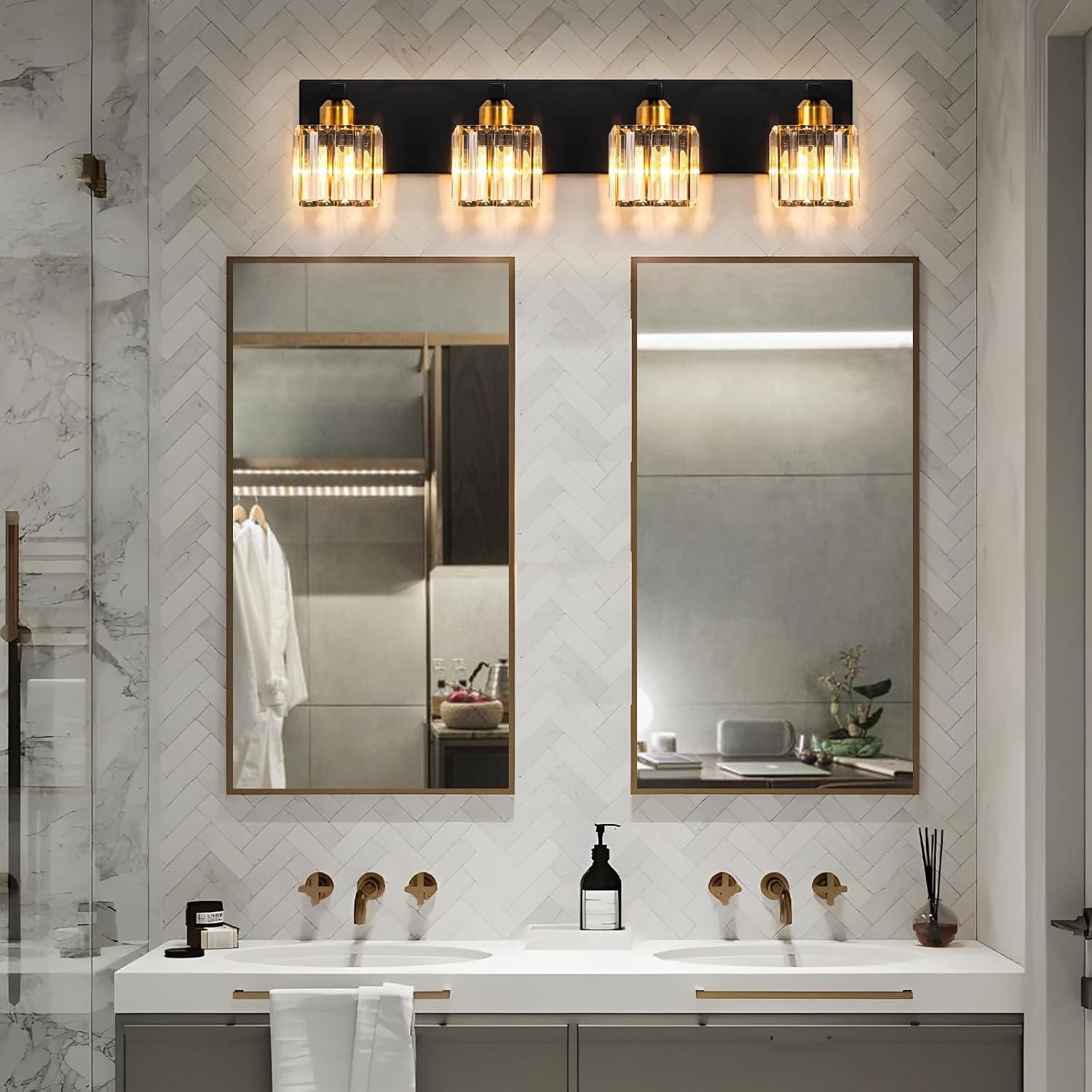 Crystal Black Gold Bathroom Vanity Light, 4-Lights Bathroom Lighting Fixtures Over Mirror Modern Crystal Wall Lighting with Square Shade