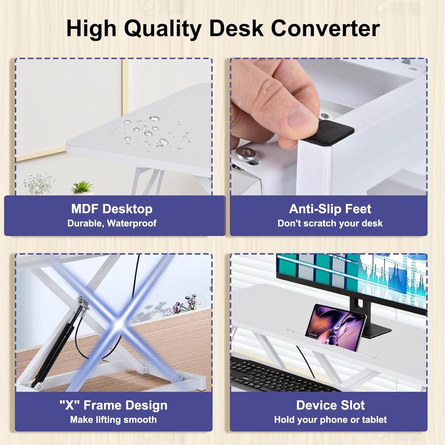 38-inch Standing Desk Converter Height Adjustable Sit to Stand Up Workstation, Duals Monitor and Laptop Riser with Wide Keyboard Tray, for Home, School, Company, White