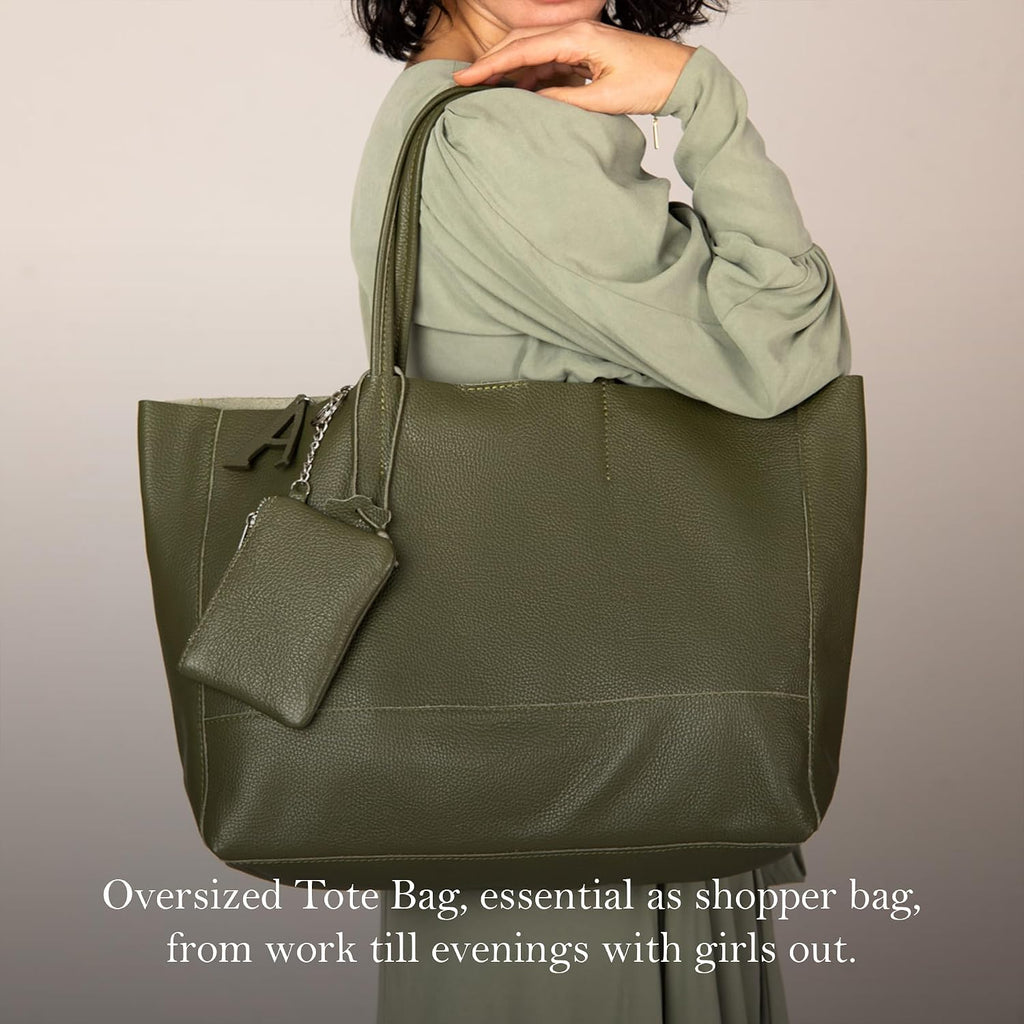 Italian Leather Tote Bag for Women - Large Shoulder Shopper, Fits 16' Laptop, Keychain Holder, Made in Italy