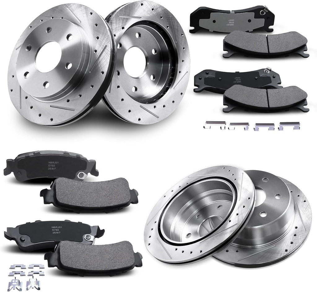 Front & Rear Drilled and Slotted Disc Brake Rotors & Ceramic Brake Pads Kit Fit for Chevy 03-05 Astro, 99-06 Silverado 1500, 00-01 Tahoe; for GMC 03-05 Safari, 99-06 Sierra 1500, 00-01 Yukon