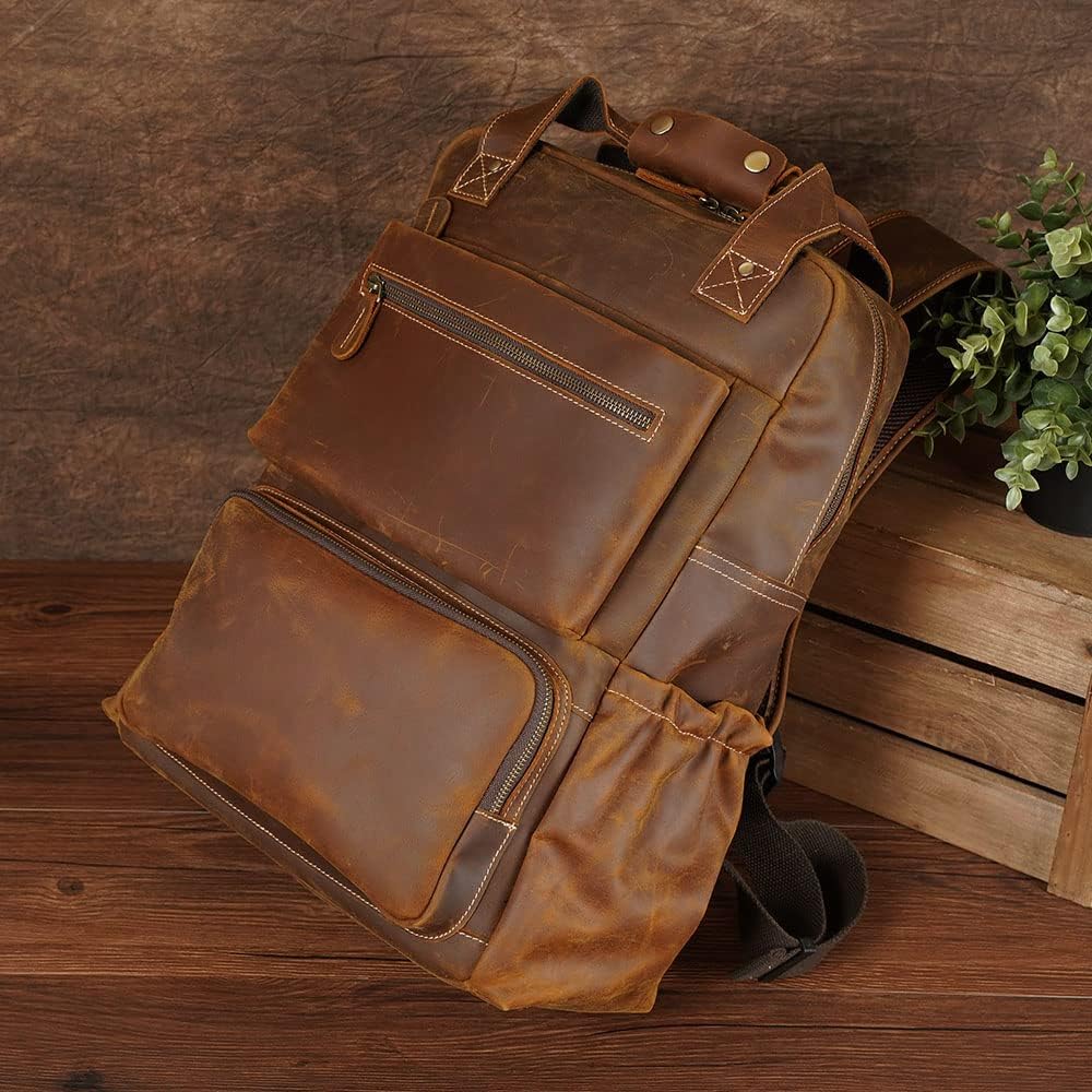 TIDING Brown Leather Laptop Backpack for Men, Vintage Business Casual Daypack Fits 15.6' 16' Computer, Large Weekender Travel Back Pack