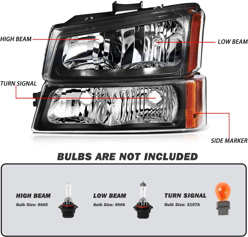 Headlights and Taillights Assembly Combo Kits for 2003-2006 Chevy Silverado 1500 2500 3500 & 2007 Chevy Silverado Classic Head Lamps/Red Rear Tail Brake Signal Lights Replacement (LH RH),Black Amber