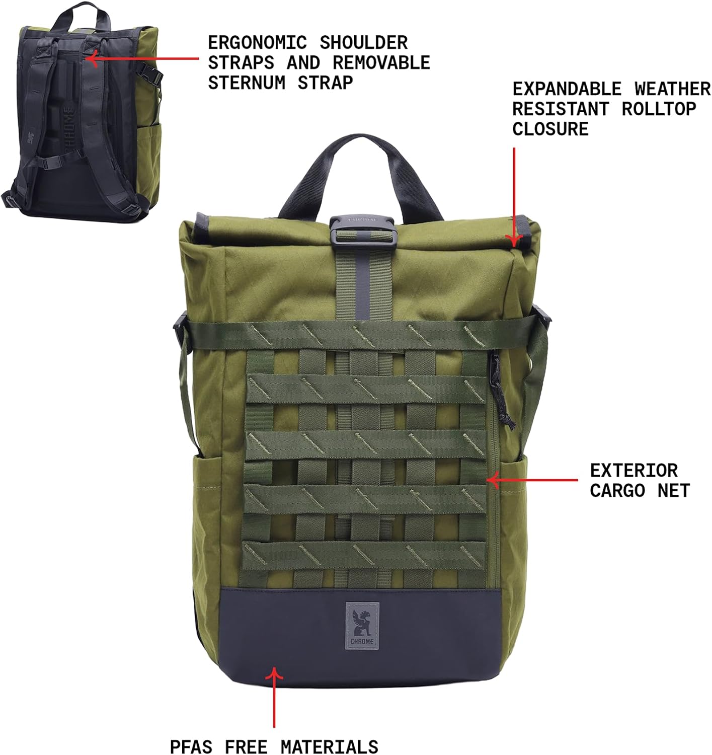 Chrome Industries Barrage 18L Moss X Roll-Top Backpack – Water Resistant Bag for Work, School, Travel – Features Cargo Net & Laptop Pocket