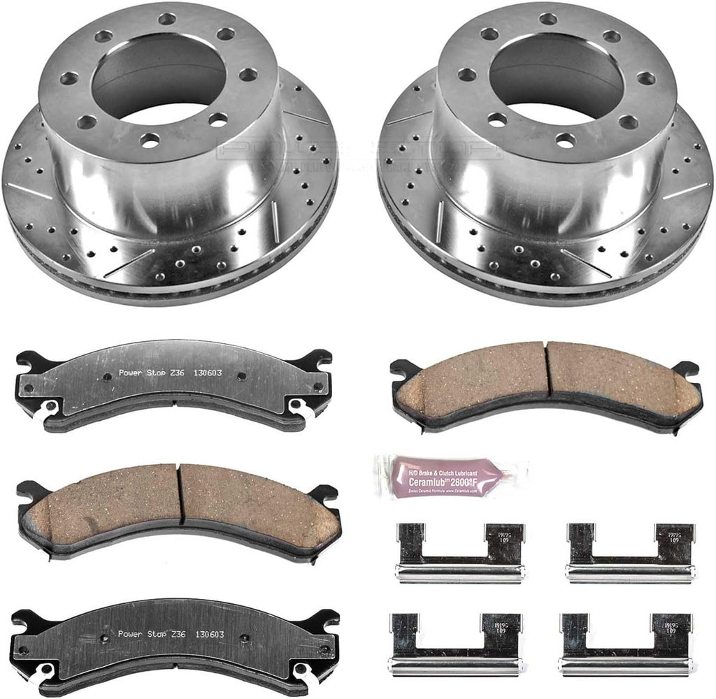 PowerStop Rear Brake Kit For Chevy Silverado 3500 2001-06 |GMC Sierra 3500 2001-06|Sierra 3500 HD 2007-10 - Truck & Tow Carbon Fiber Ceramic Brake Pads + Drilled & Slotted Rotors Upgrade, K5337-36