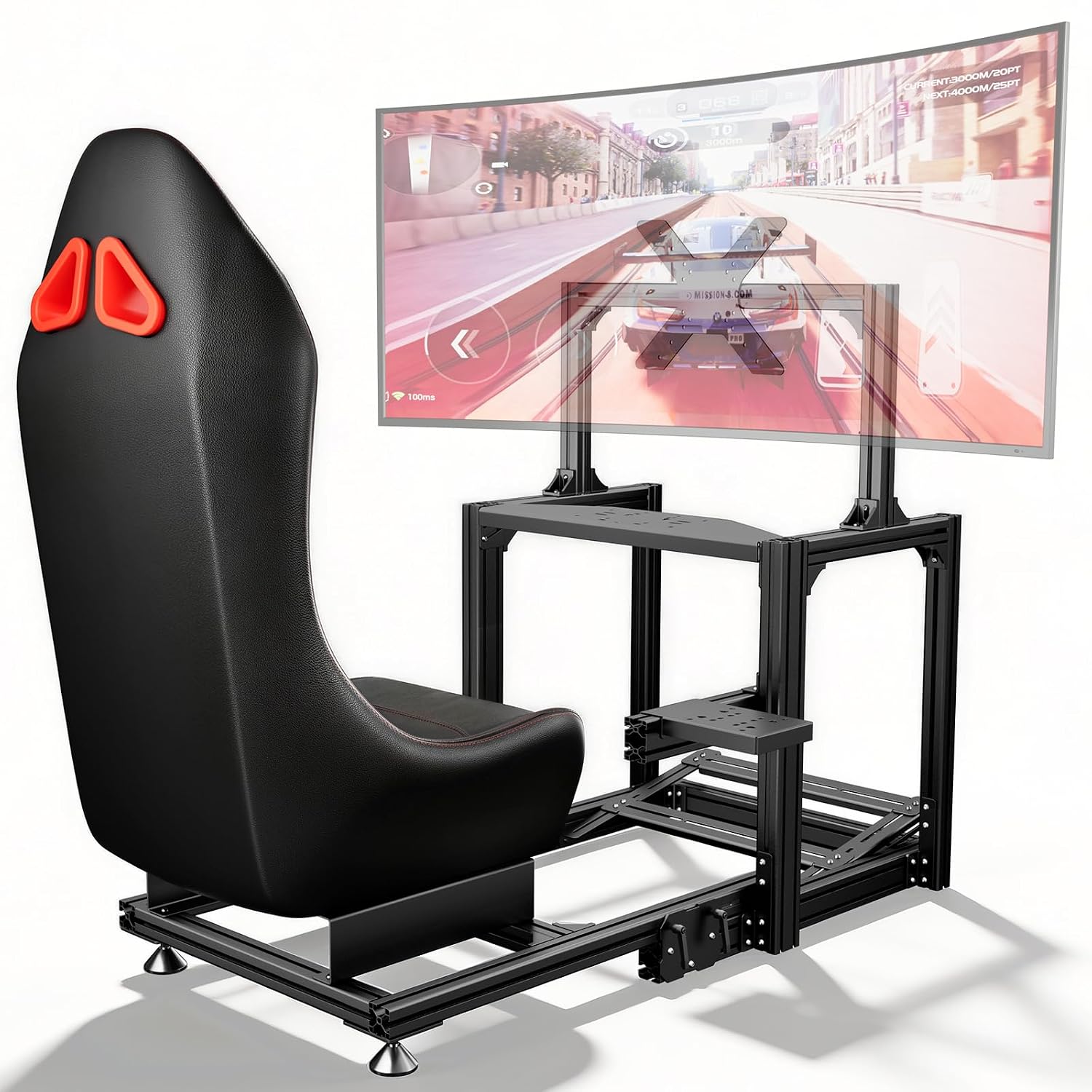 RACGTING Aluminum Racing Simulator Cockpit with TV Mount, Foldable Sim Racing Cockpit with Leather Seat, Ultra-Stable 180kg Load, Fits Logitech, Thrustmaster, Fanatec & MOZA Wheels