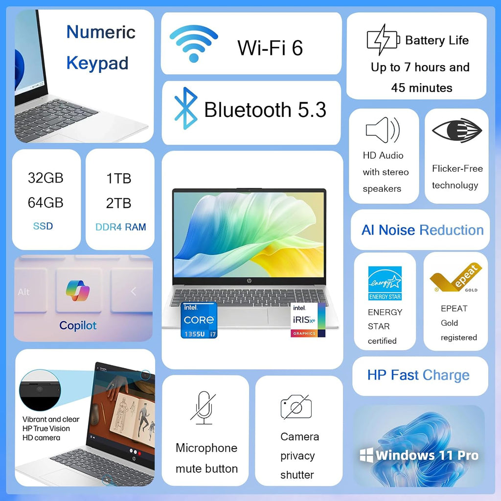 HP 15.6 Touchscreen Laptop Computer • 15.6' FHD IPS Disaplay • Intel 10-Core i7-1355U • Wi-Fi 6 • AI Noise Removal • Copilot • HD Webcam • w/AI Voice Recorder • Win 11 Pro • (16 GB RAM, 512GB SSD)